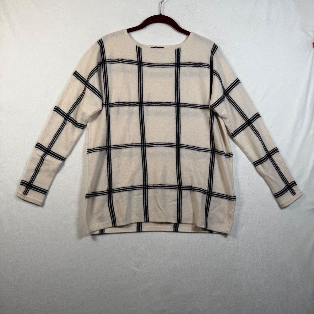 Charter Club 100% Cashmere Sweater Womens M Cream Black Windowpane Plaid Knit - Picture 1 of 9